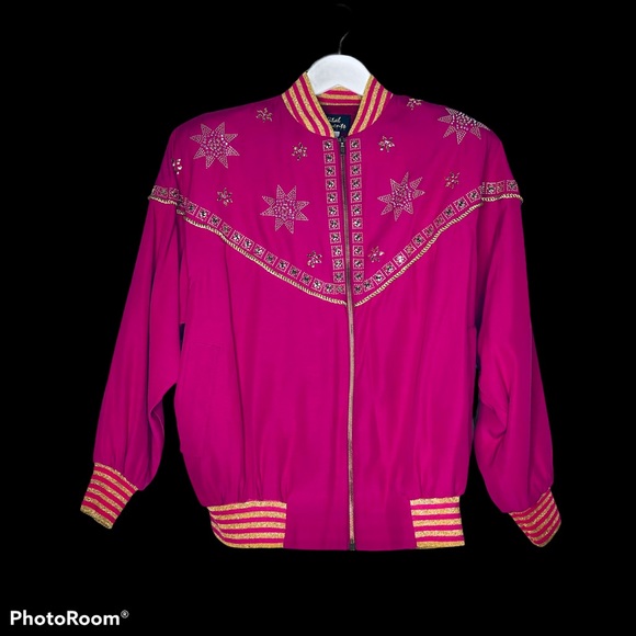 Embroidered Pink Bomber Jacket Glamorous Studded Metallic - Picture 2 of 10